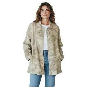 Vtg Smith & Hawken Linen Jacket Women's L Button Up Pockets Floral USA Tan Khaki